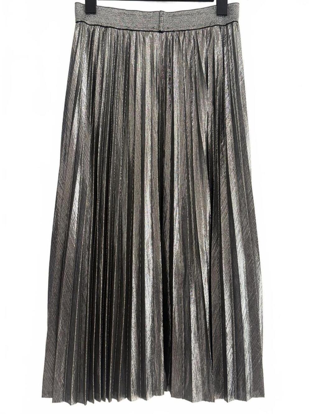 Lucy Paris Silver Metallic Pleated Midi Skirt Shimmer Accordion High Waist Sz XS